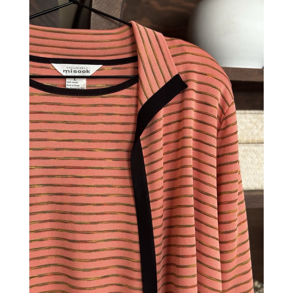 Exclusively Misook 2 Pc Set Tank Top Cardigan Striped Coral Orange Black Size L - Picture 2 of 6